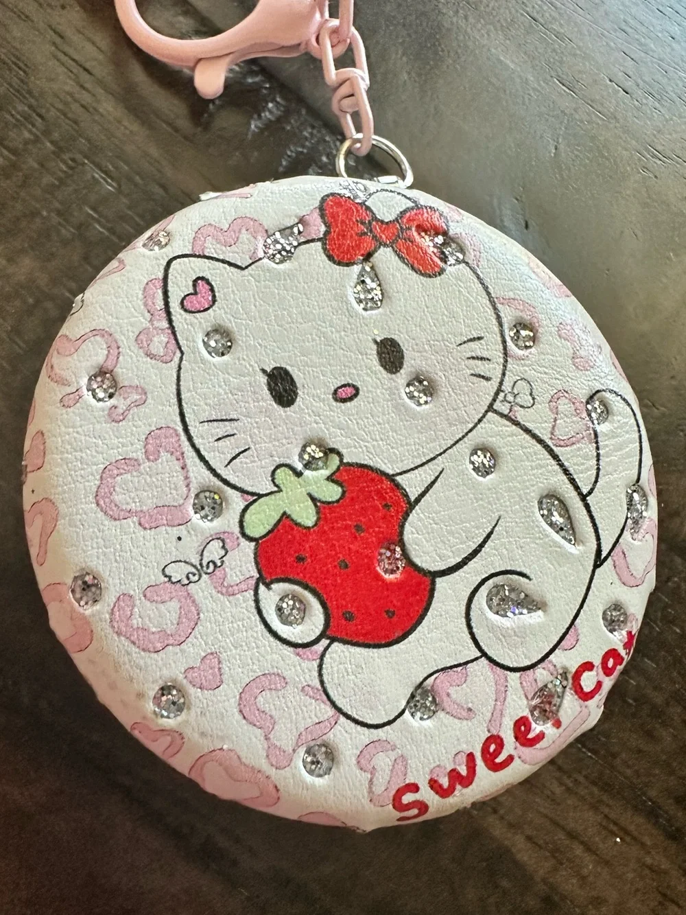 NWOT Sanrio Style Strawberry Kitty Pocket Mirror Keychain Lace & Rhinestone